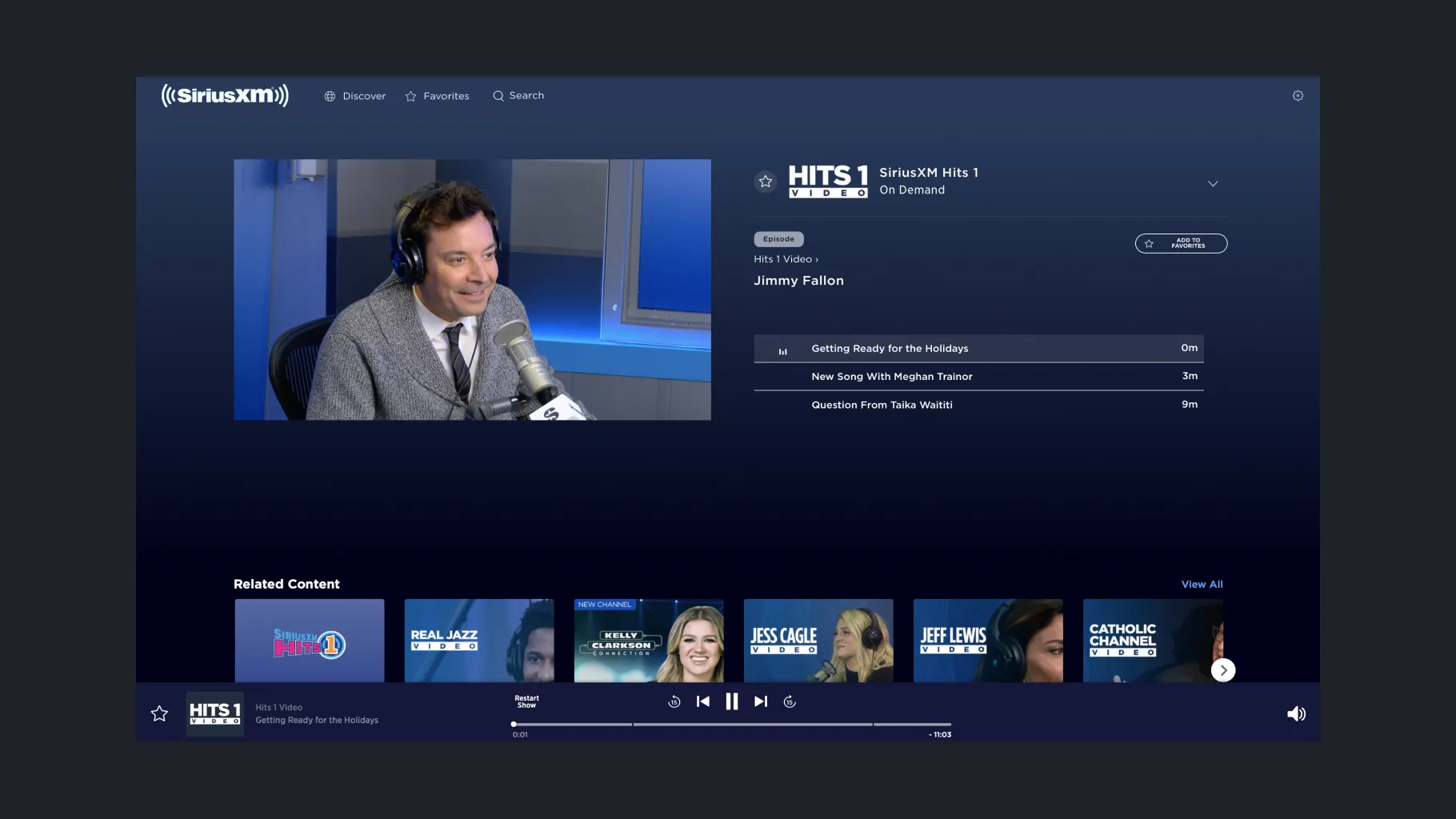 The SiriusXM web app playing a Hits 1 video with Jimmy Fallon, with its segments and related content