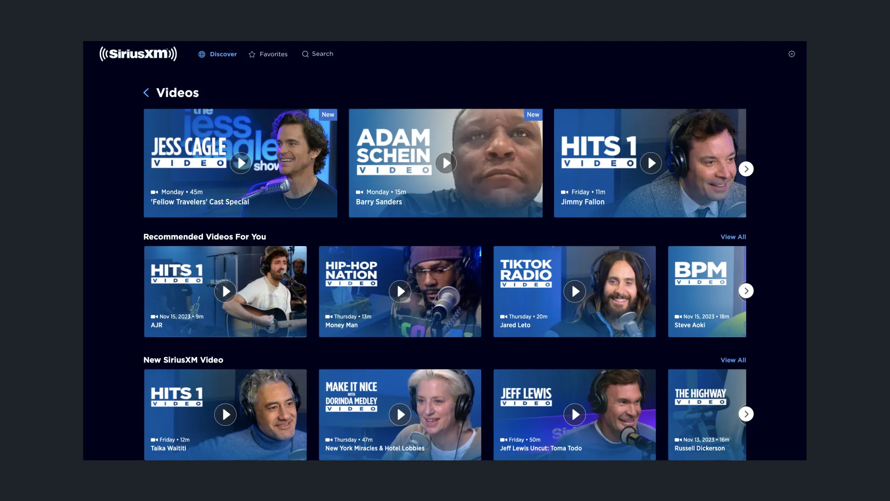 The SiriusXM web app’s Videos page, with rows of video shows such as Jess Cagle, Hits 1 and Hip-Hop Nation