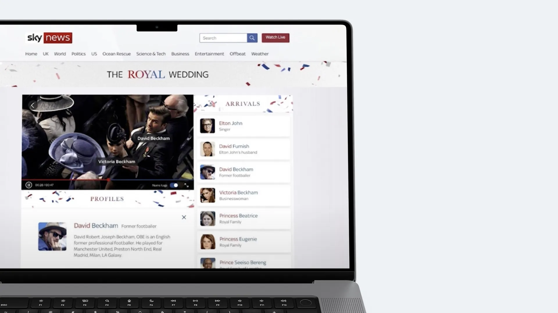 The Sky News Royal Wedding page on a laptop: the video player tagging David and Victoria Beckham, a profile below and the arrivals list beside it
