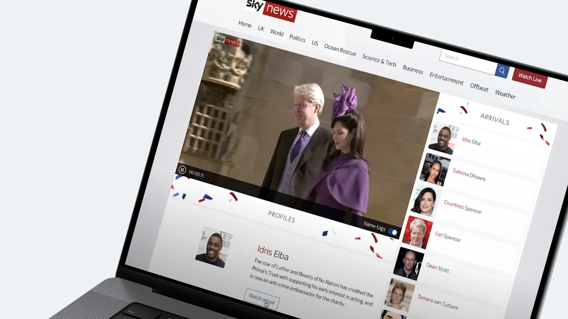The Royal Wedding player on a laptop, with arrivals such as Idris Elba and Earl Spencer and Idris Elba’s profile
