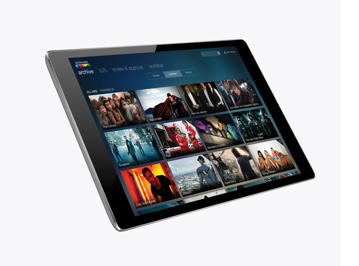 Technicolor Showcase on a tablet: the archive, a grid of film titles such as The Croods, Man of Steel and Inception