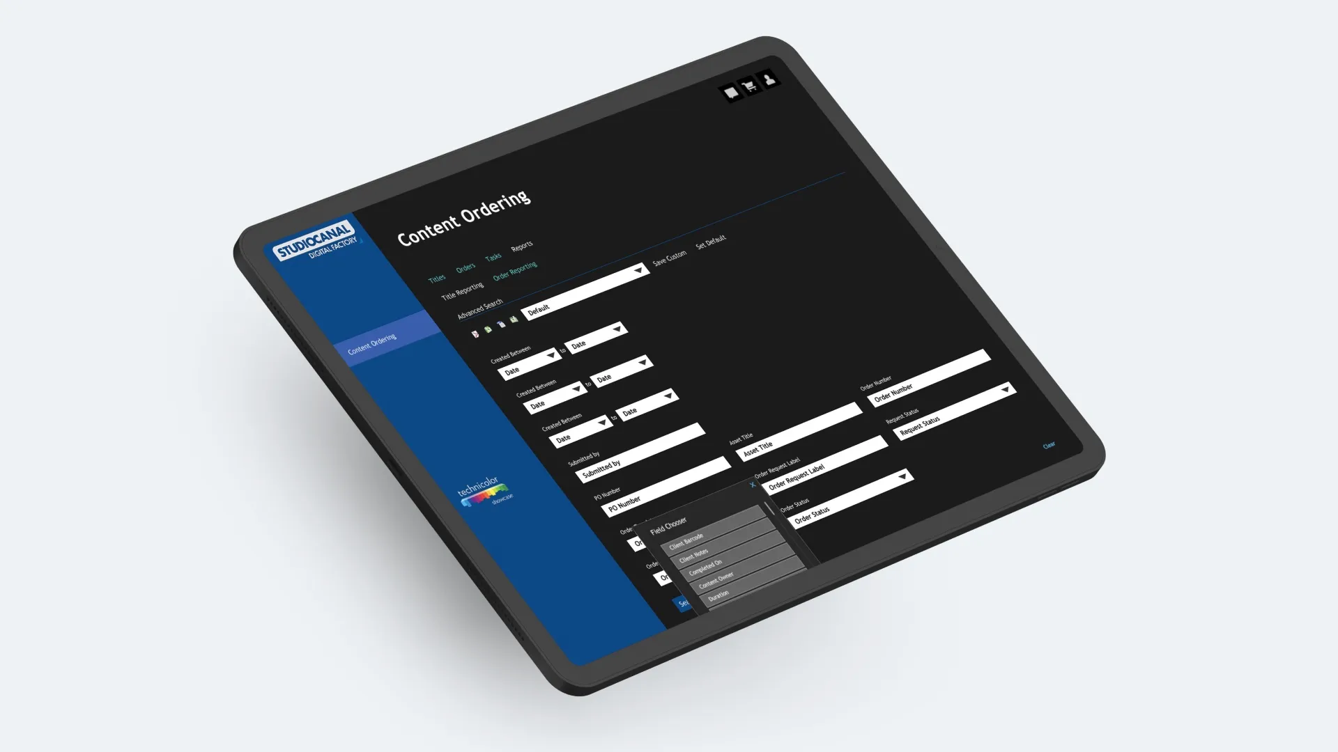 Content ordering in Technicolor Showcase on a tablet: search fields and a field chooser for orders