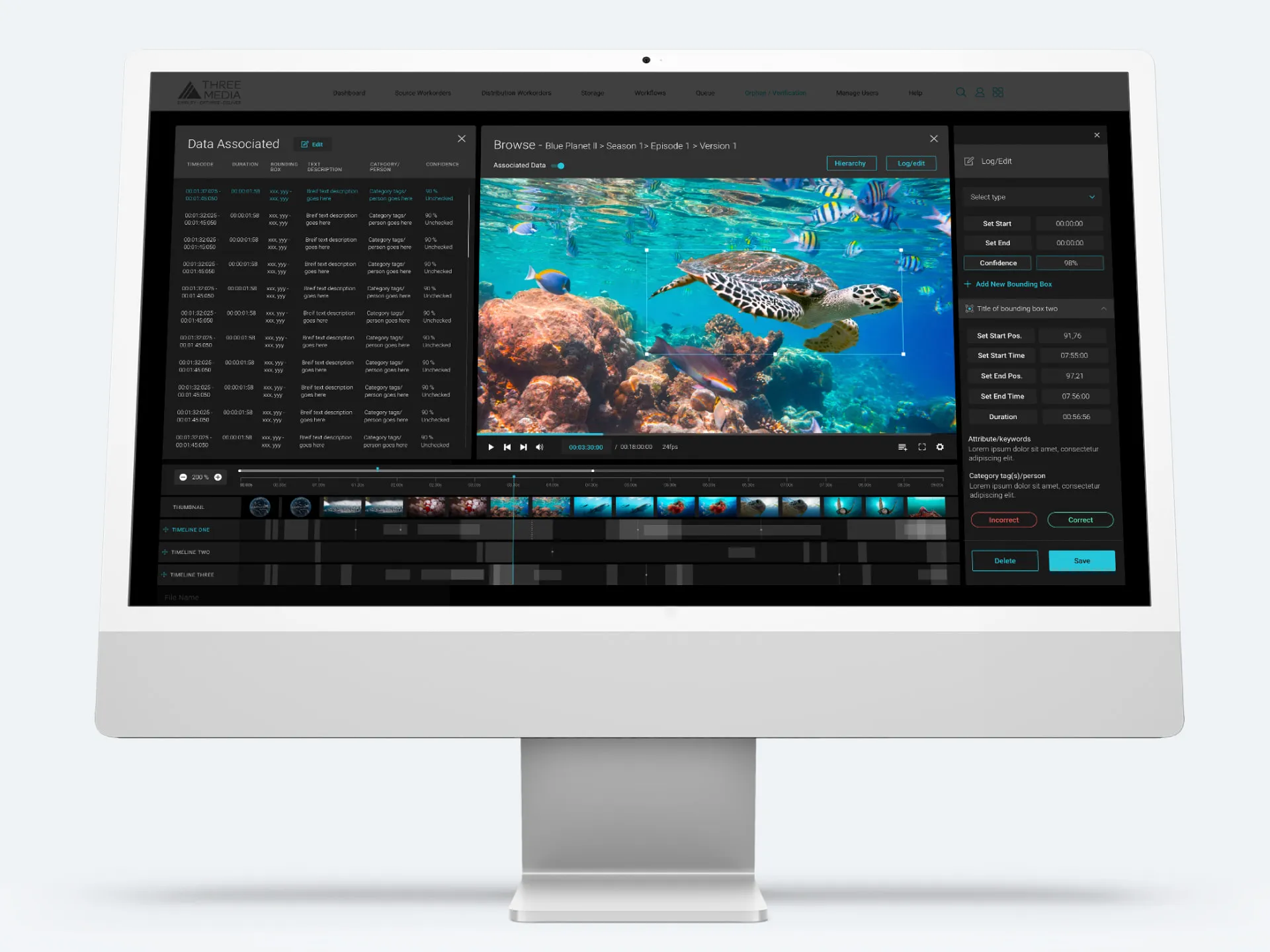 Three Media’s XEN: product on a desktop: browsing a Blue Planet II episode, with associated data, a timeline and a log panel