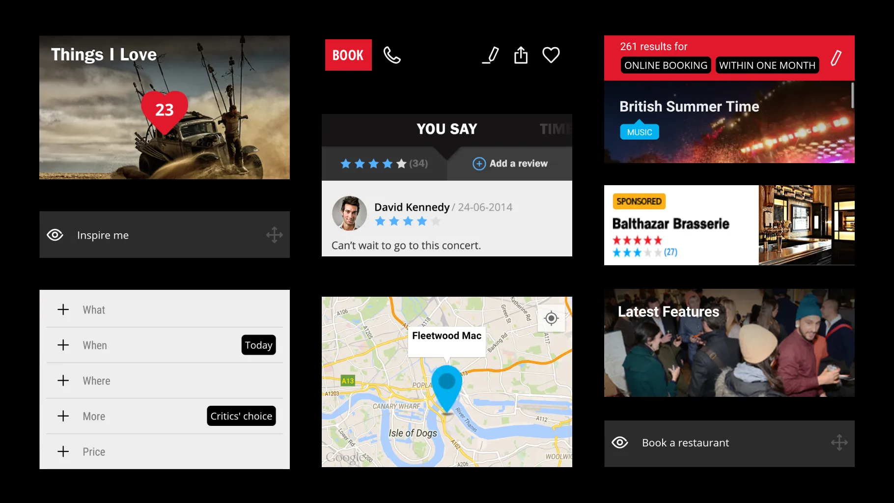 Time Out interface components: a Things I Love list, booking and review controls, search filters, a map and listing cards
