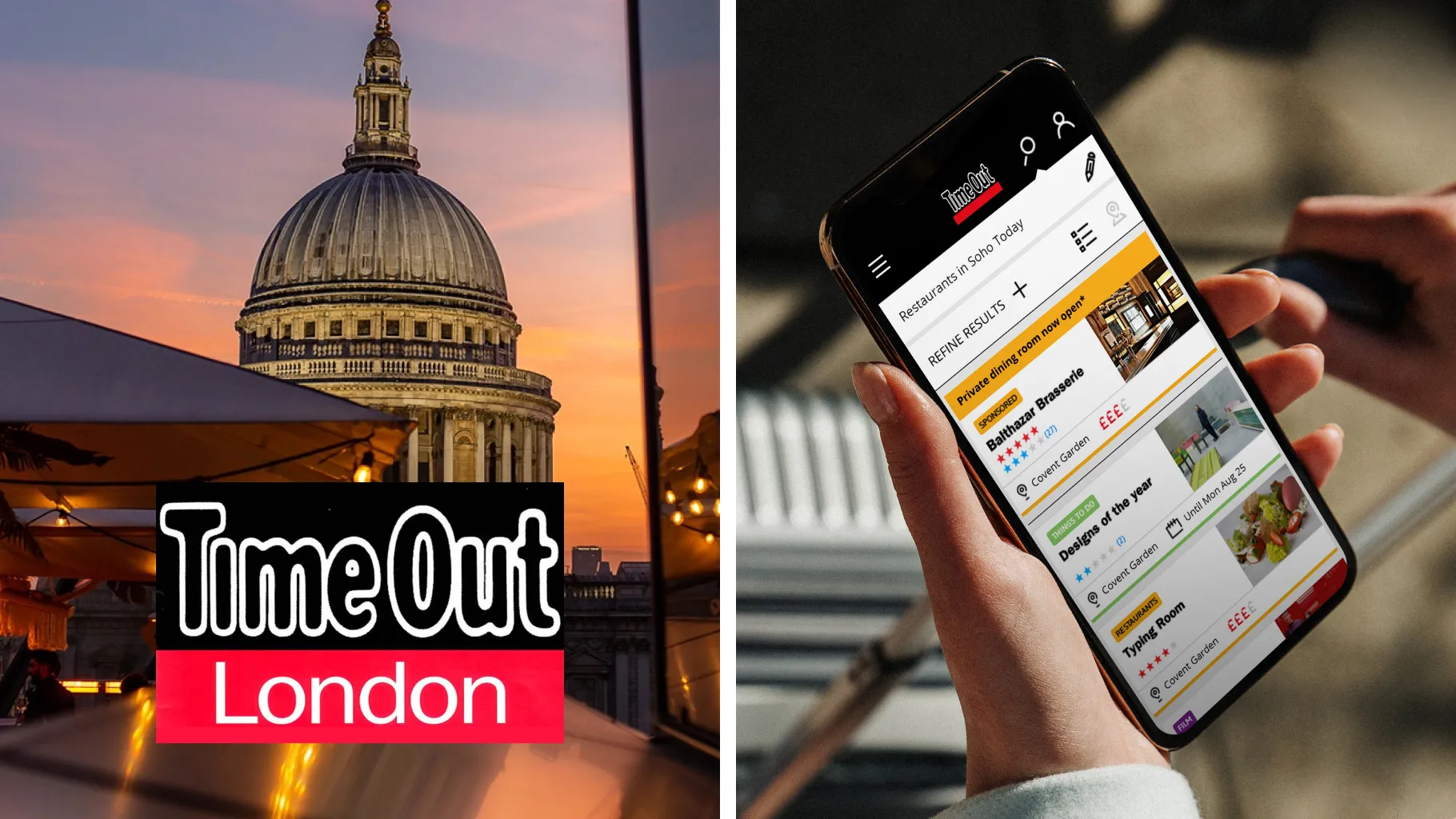 St Paul’s Cathedral at sunset with the Time Out London logo, beside a phone showing Time Out restaurant listings