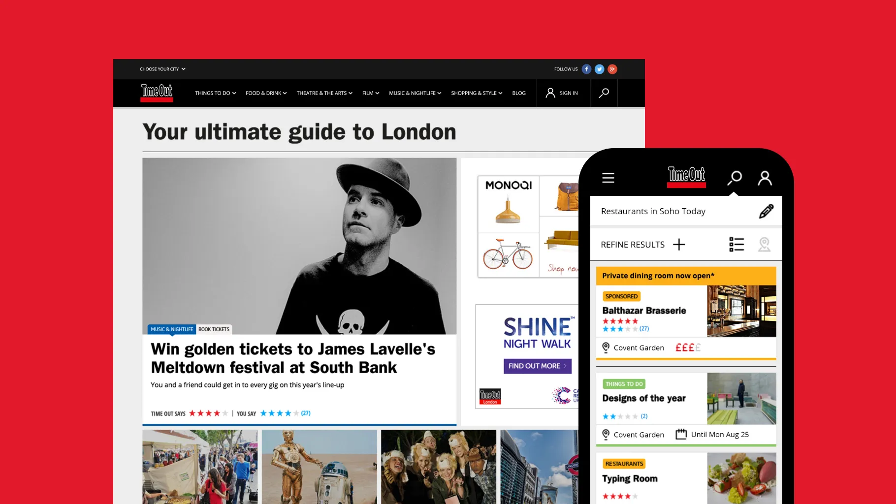 The Time Out London website, “Your ultimate guide to London”, beside the mobile site listing restaurants in Soho