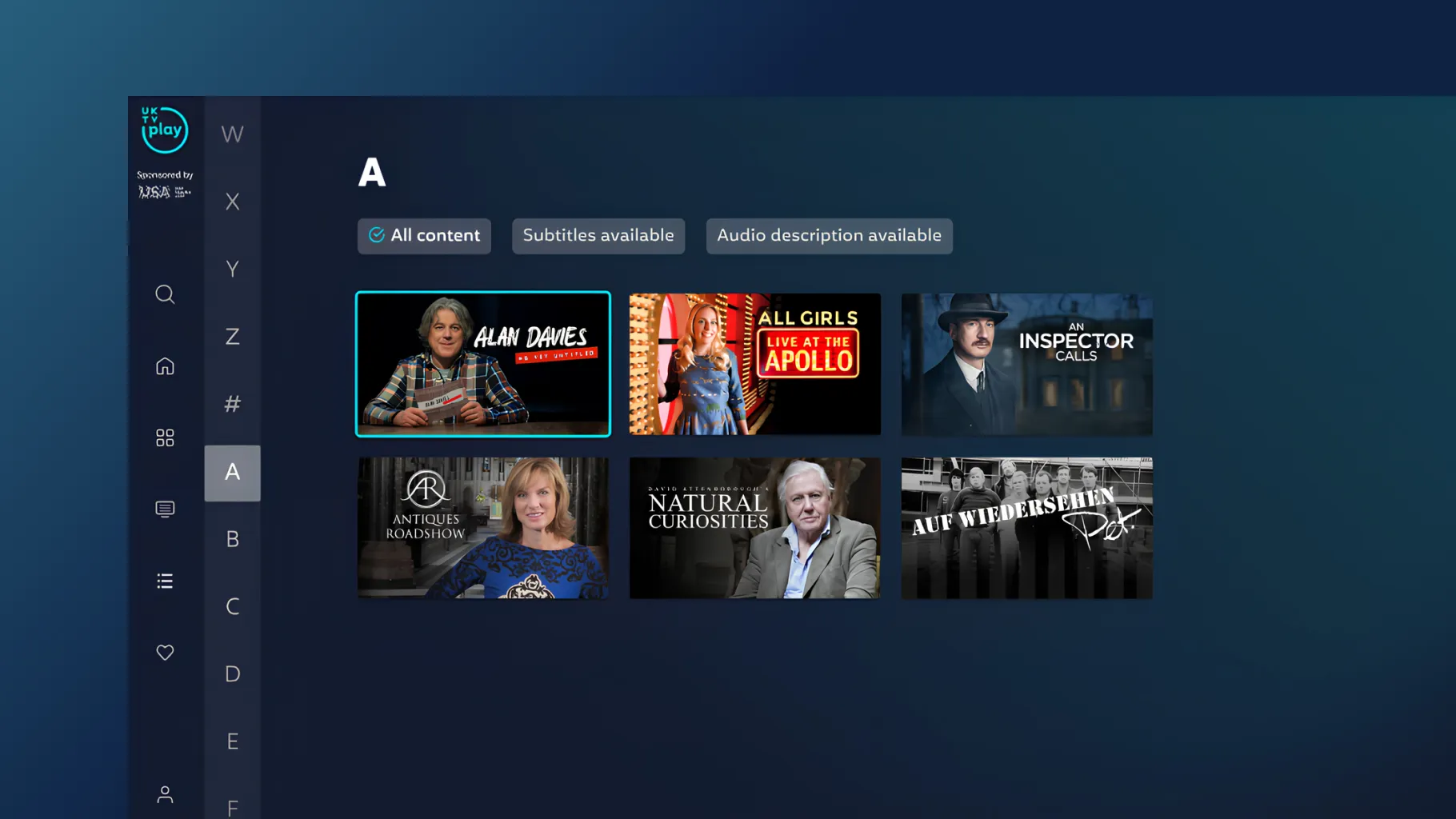 UKTV Play on TV: the A to Z of shows at A, with subtitle and audio description filters