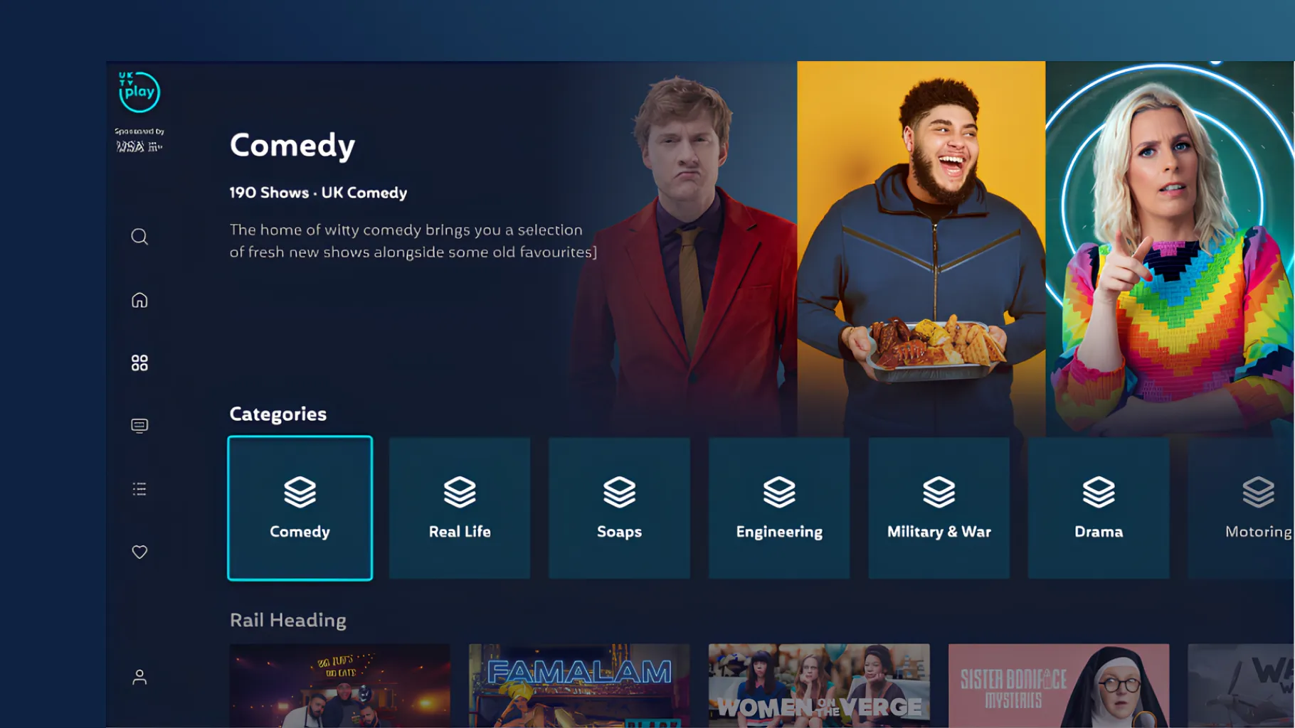 UKTV Play on TV: the Comedy category page, with a row of categories and a rail of shows