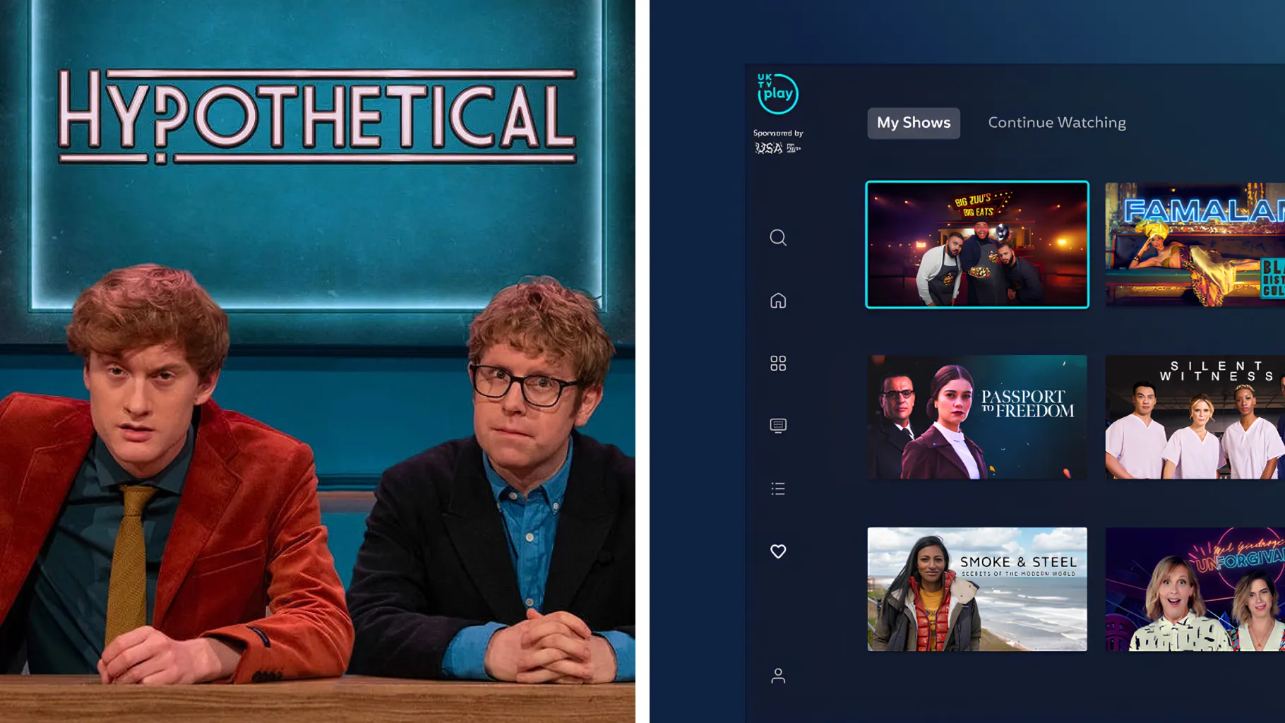 James Acaster and Josh Widdicombe on the set of Hypothetical, beside UKTV Play’s My Shows page