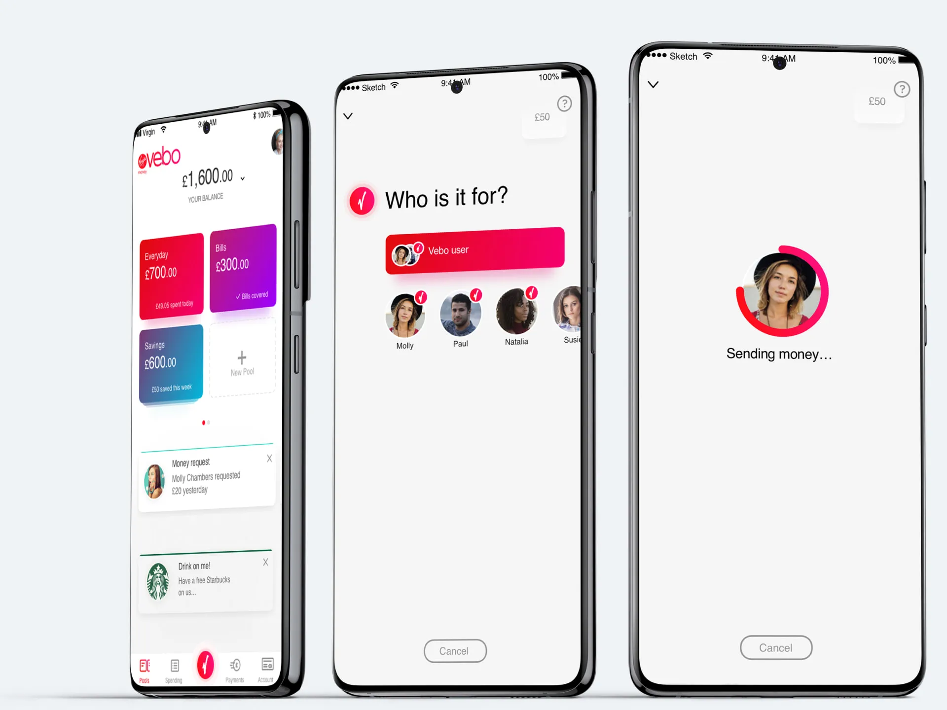 The banking app on three phones: the balance split into Everyday, Bills and Savings pots, choosing who to pay, and sending money