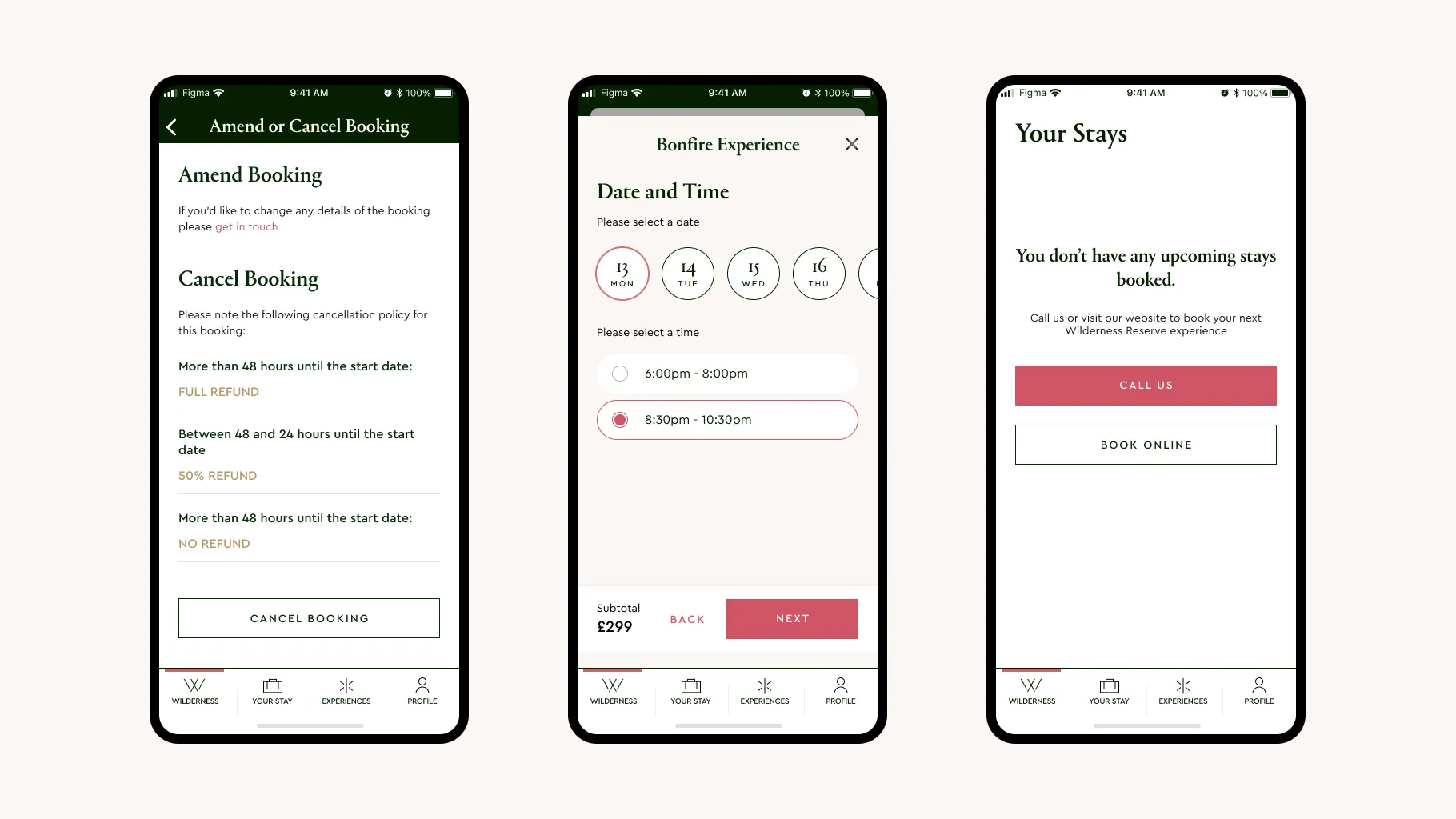 Managing bookings in the guest app: amending or cancelling with the refund policy, choosing a date and time for a bonfire experience, and the Your Stays screen