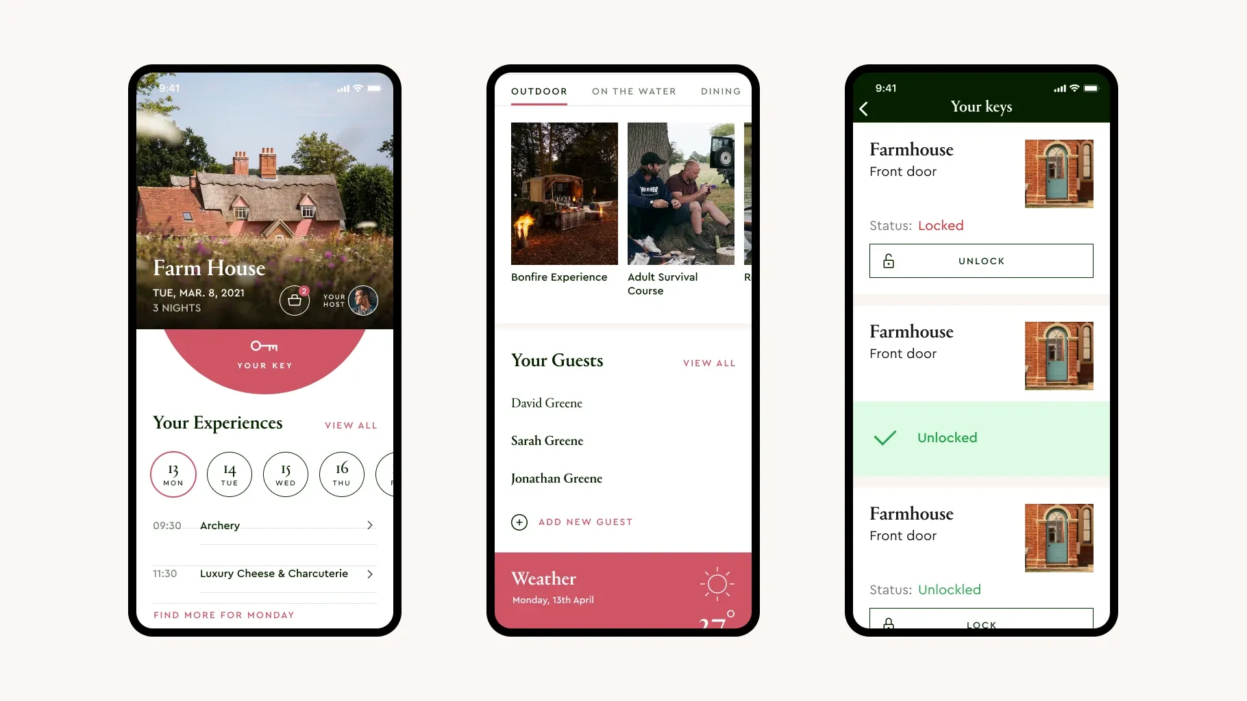The guest app during a stay: the Farm House booking with its key and the day’s experiences, outdoor activities and the guest list, and Your Keys showing the front door unlocked