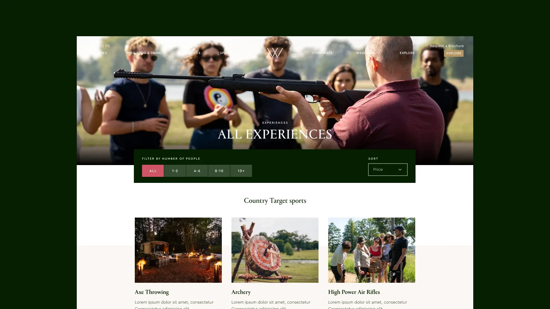 The website’s All Experiences page, filtered by number of people, listing axe throwing, archery and high power air rifles under Country Target Sports