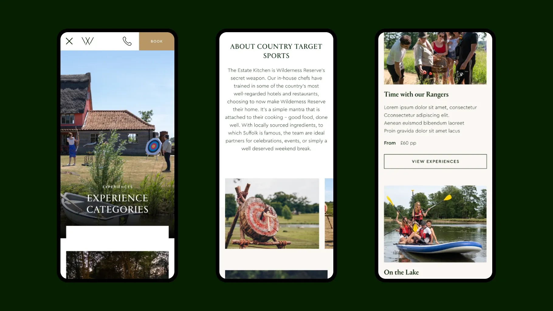 The mobile site’s experiences on three phones: Experience Categories with archery, Country Target Sports with axe throwing, and Time with our Rangers and On the Lake