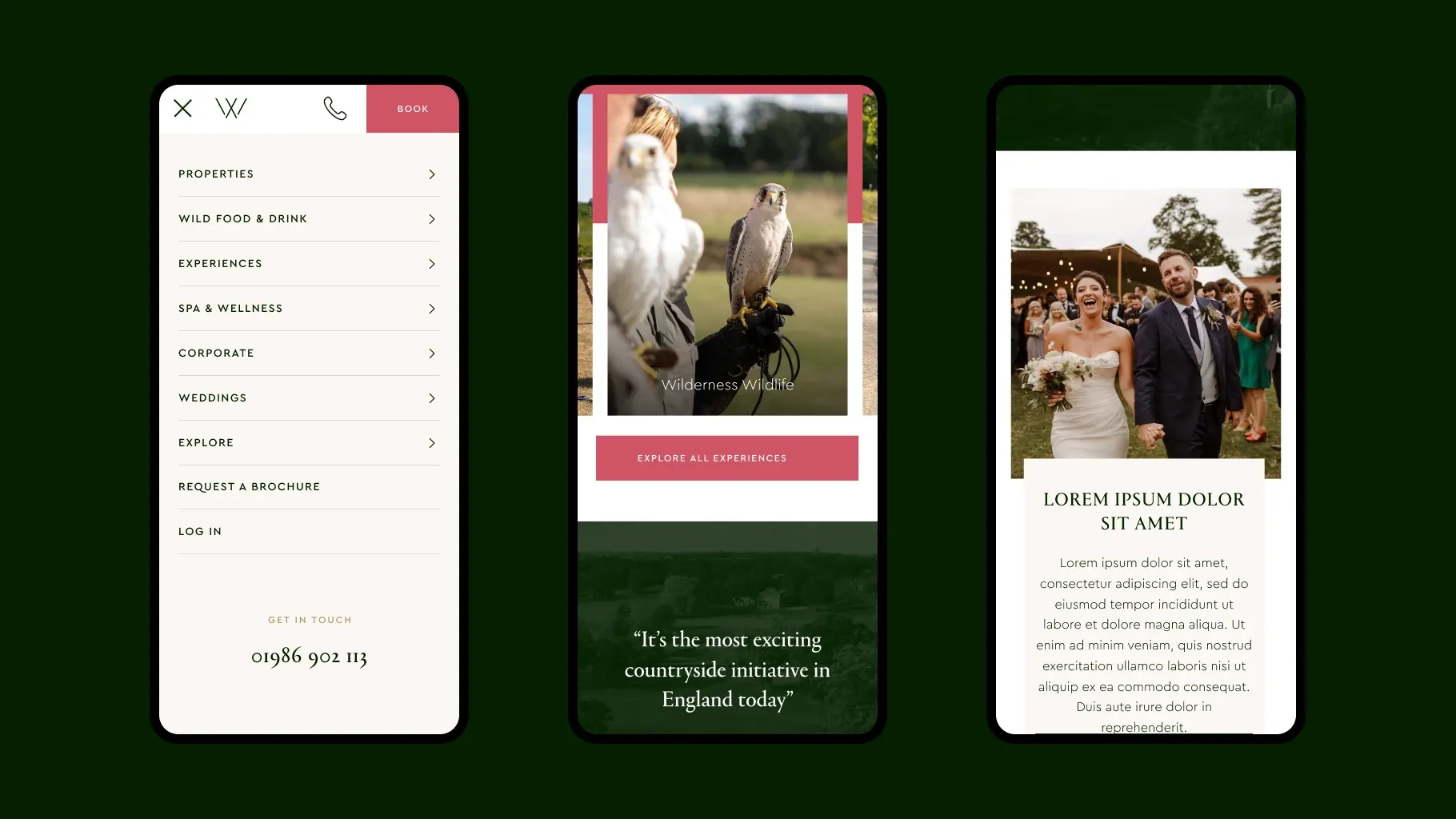 The mobile site’s menu, a Wilderness Wildlife experience with a falcon, and a wedding couple at a reception, on three phones