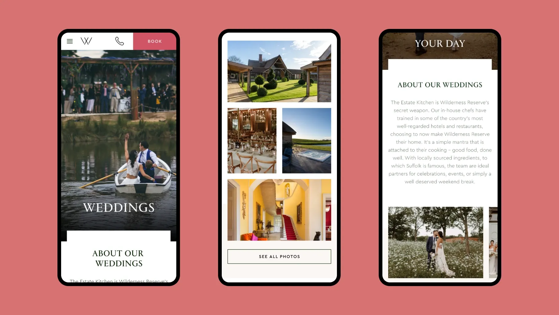 The mobile site’s Weddings pages on three phones: a couple rowing across the lake, a photo gallery of the venues, and About Our Weddings