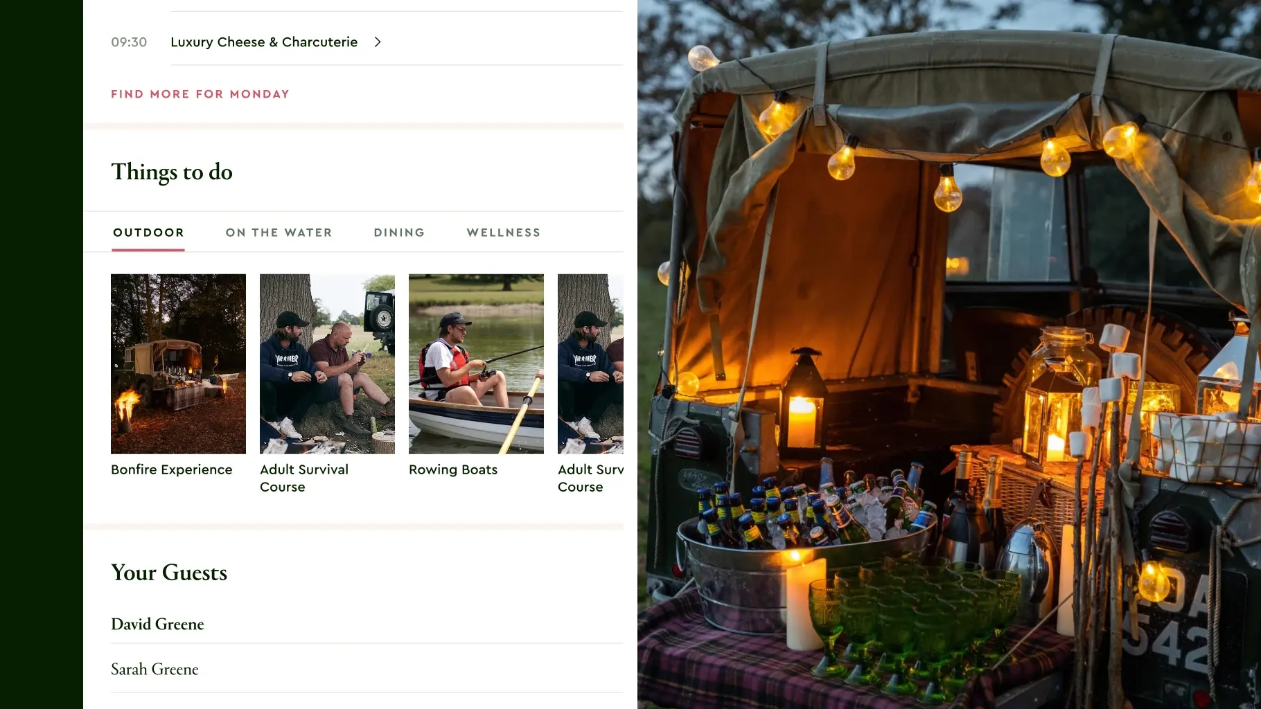 The guest portal’s Things To Do, with outdoor activities such as a bonfire experience and rowing boats, beside a Land Rover set up as a candlelit bar